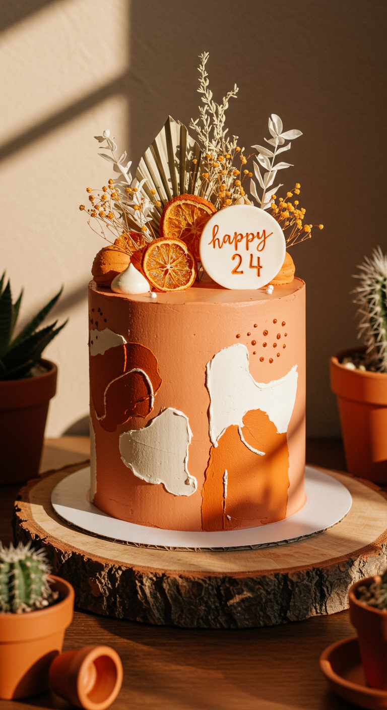 Terrakottafarbene Torte mit abstrakten Farbflecken, dekoriert mit Trockenorangen und -blumen, „happy 24“.
