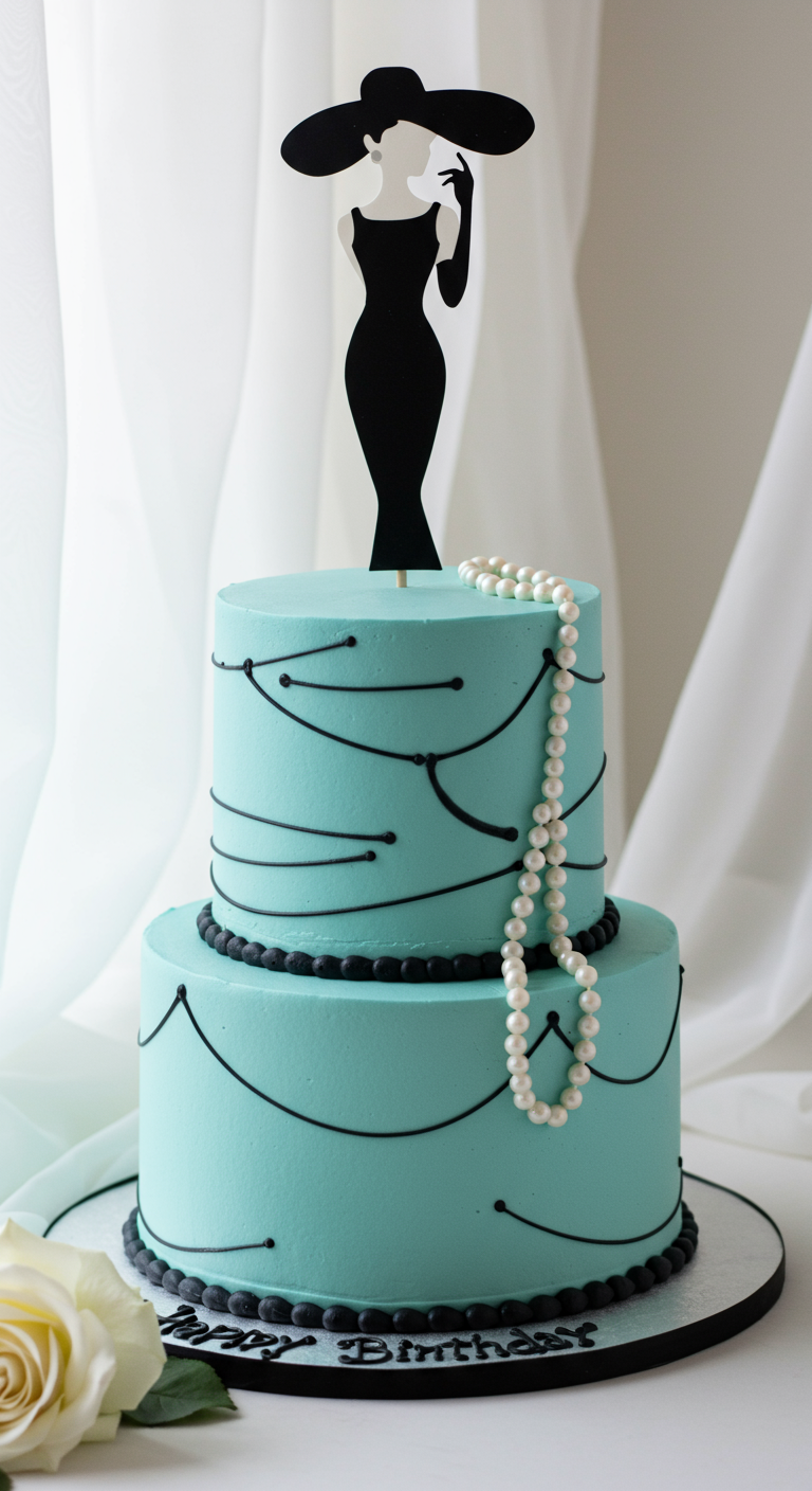 Türkise zweistöckige Torte mit Perlenketten-Drapierung und Audrey-Hepburn-Silhouette.