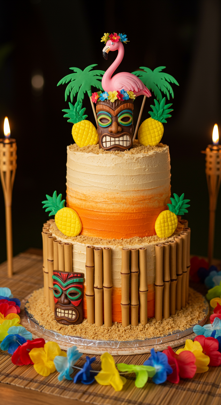 Zweistöckige Tiki-Torte mit Bambus-Optik, Tiki-Masken und Ananas-Deko.