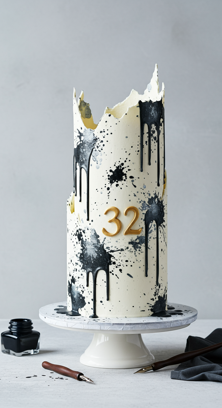 Hohe weiße Torte mit dramatischen schwarzen Farbspritzern und goldenen Zahlen 32.