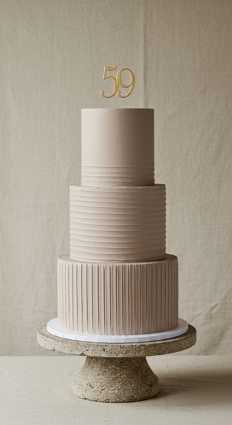 Dreistöckige, beige Torte mit Rillenmustern und goldenem '59' Topper.