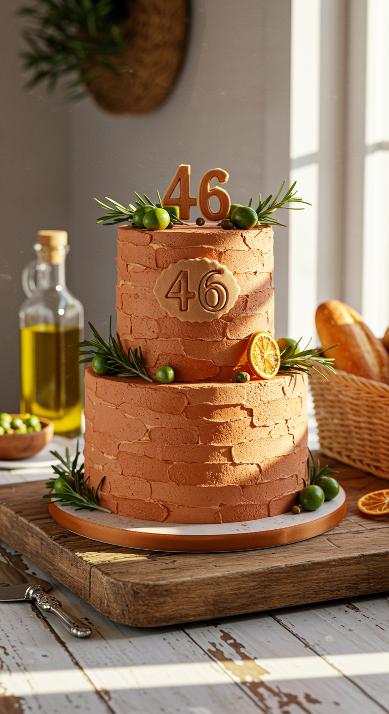 Zweistöckige terrakottafarbene Torte mit Oliven, Rosmarin und Orangenscheibe.