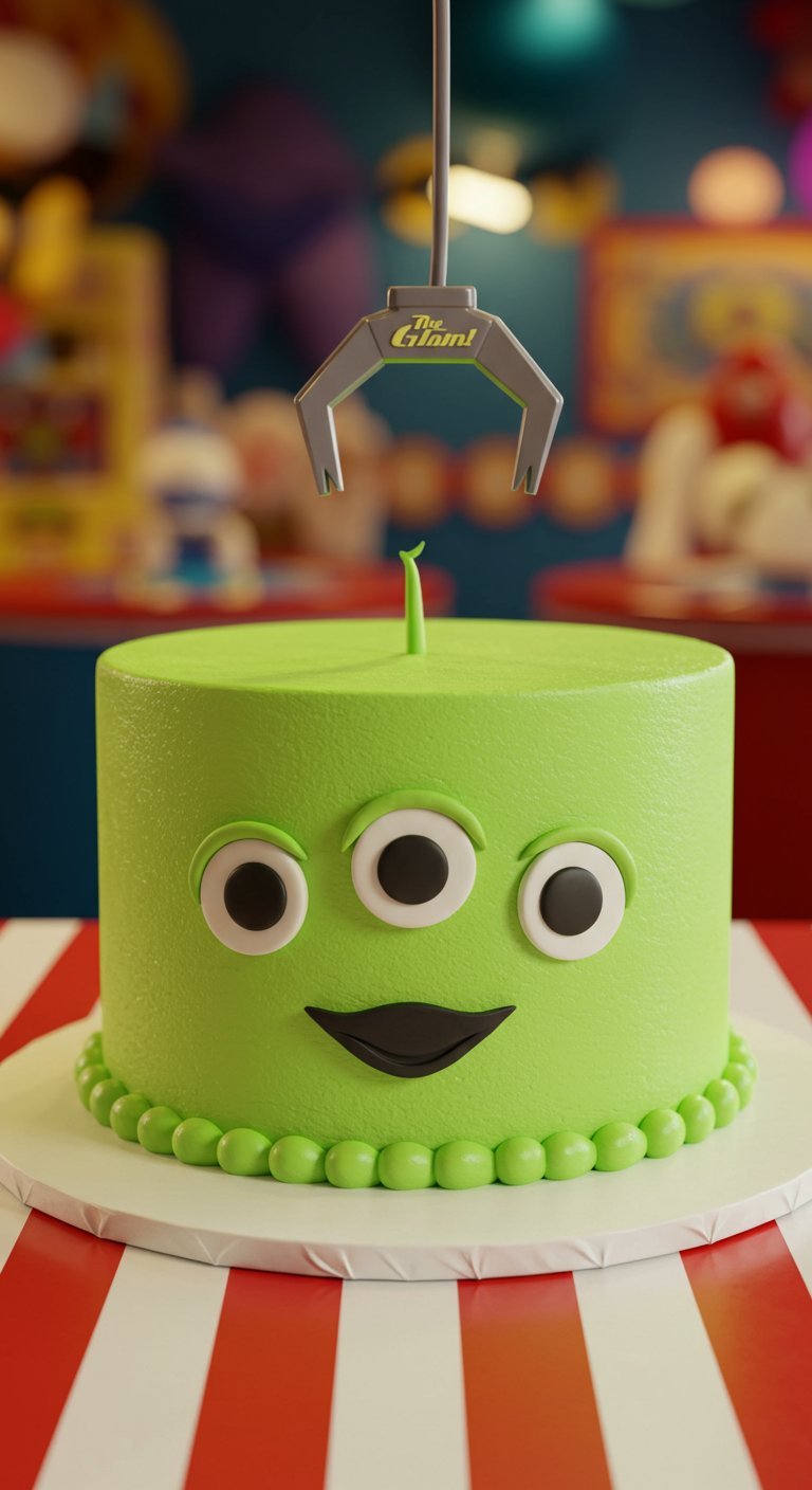 Grüne Toy Story Alien Torte mit drei Augen und einem Greifarm-Topper.
