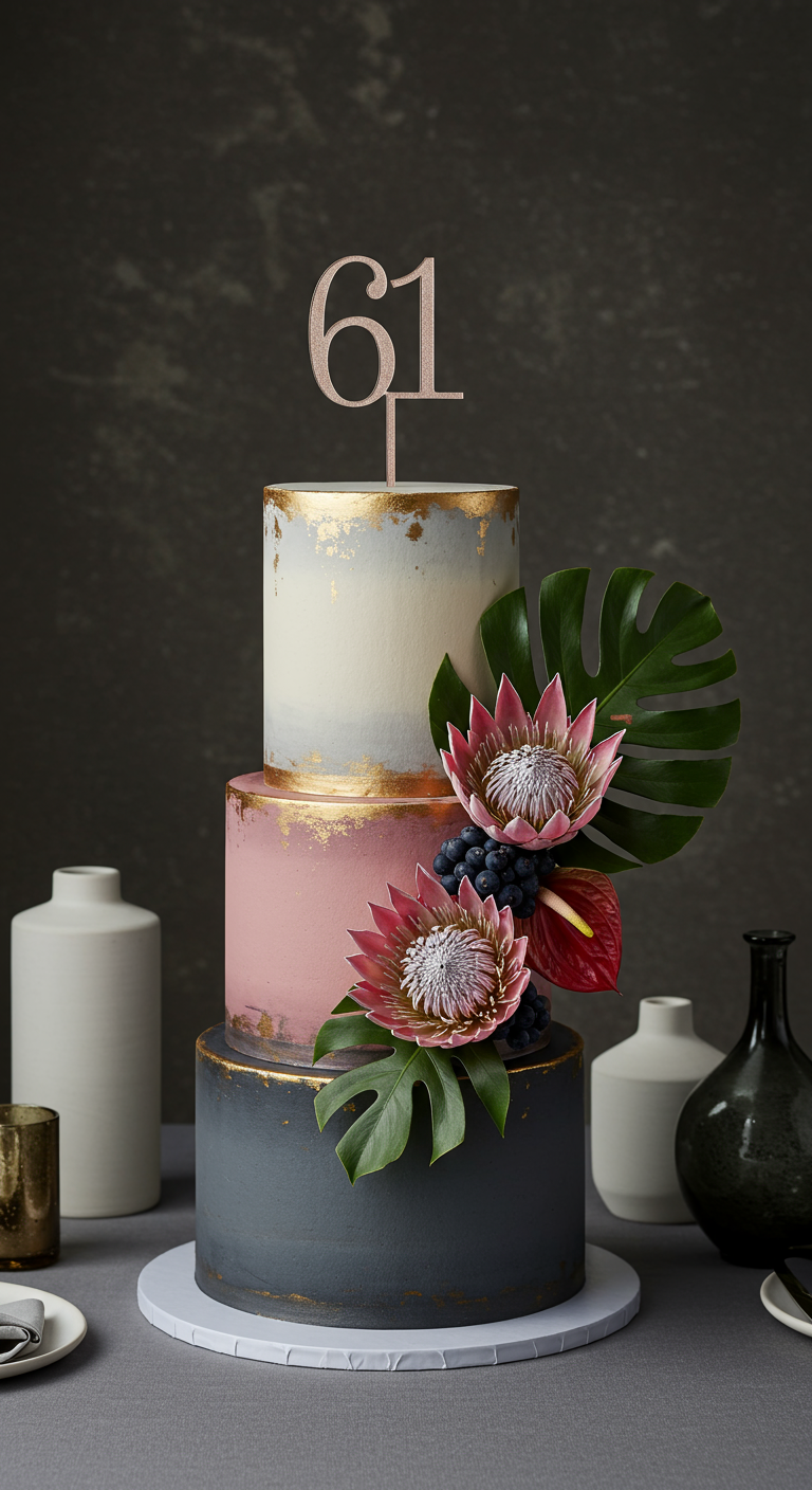 Dreistöckige Torte mit rosa, grauen und weißen Ebenen, exotischen Blumen und Goldakzenten.