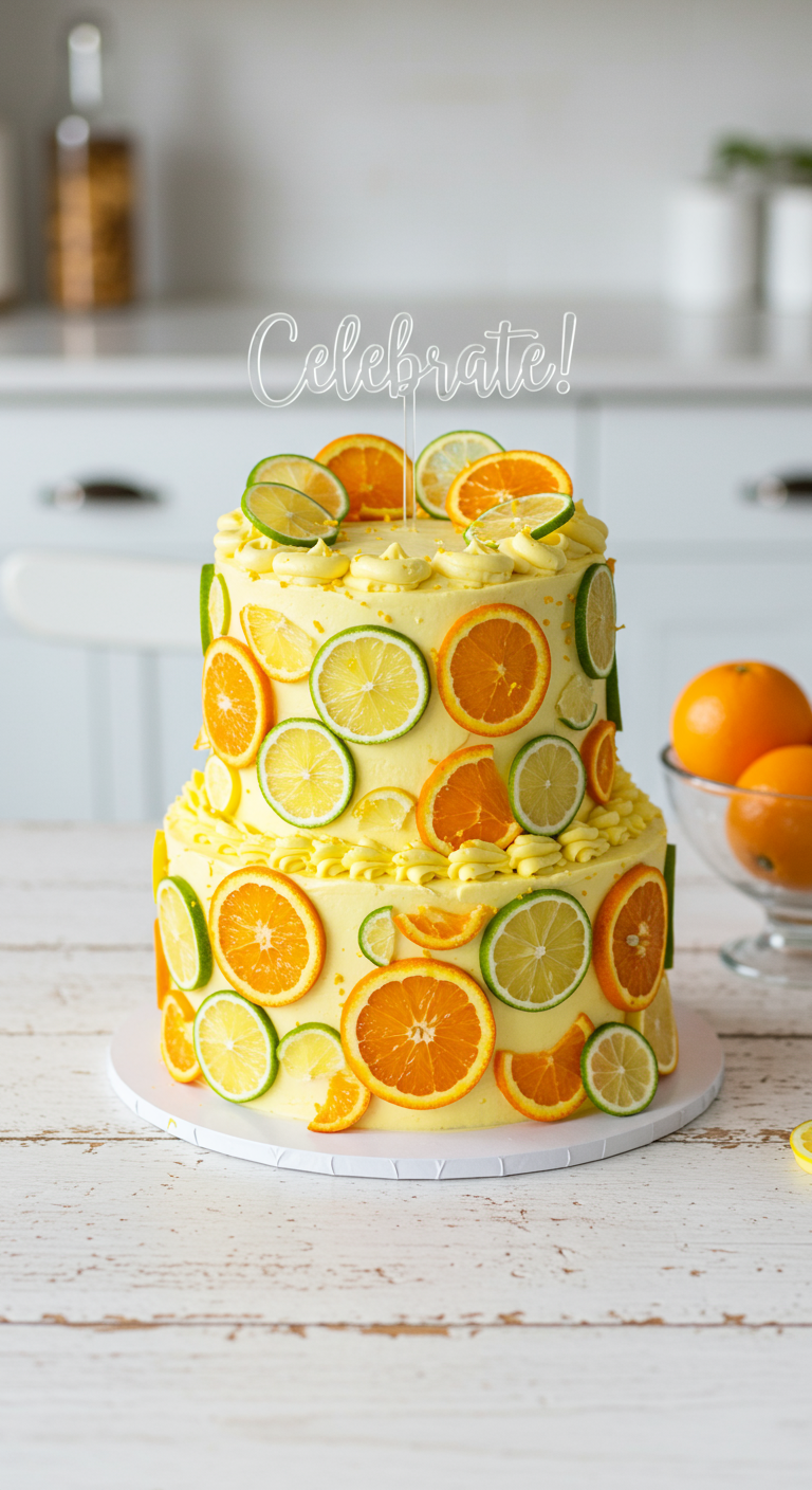 Zweistöckige gelbe Torte, rundum mit frischen Orangen-, Limetten- und Zitronenscheiben dekoriert.