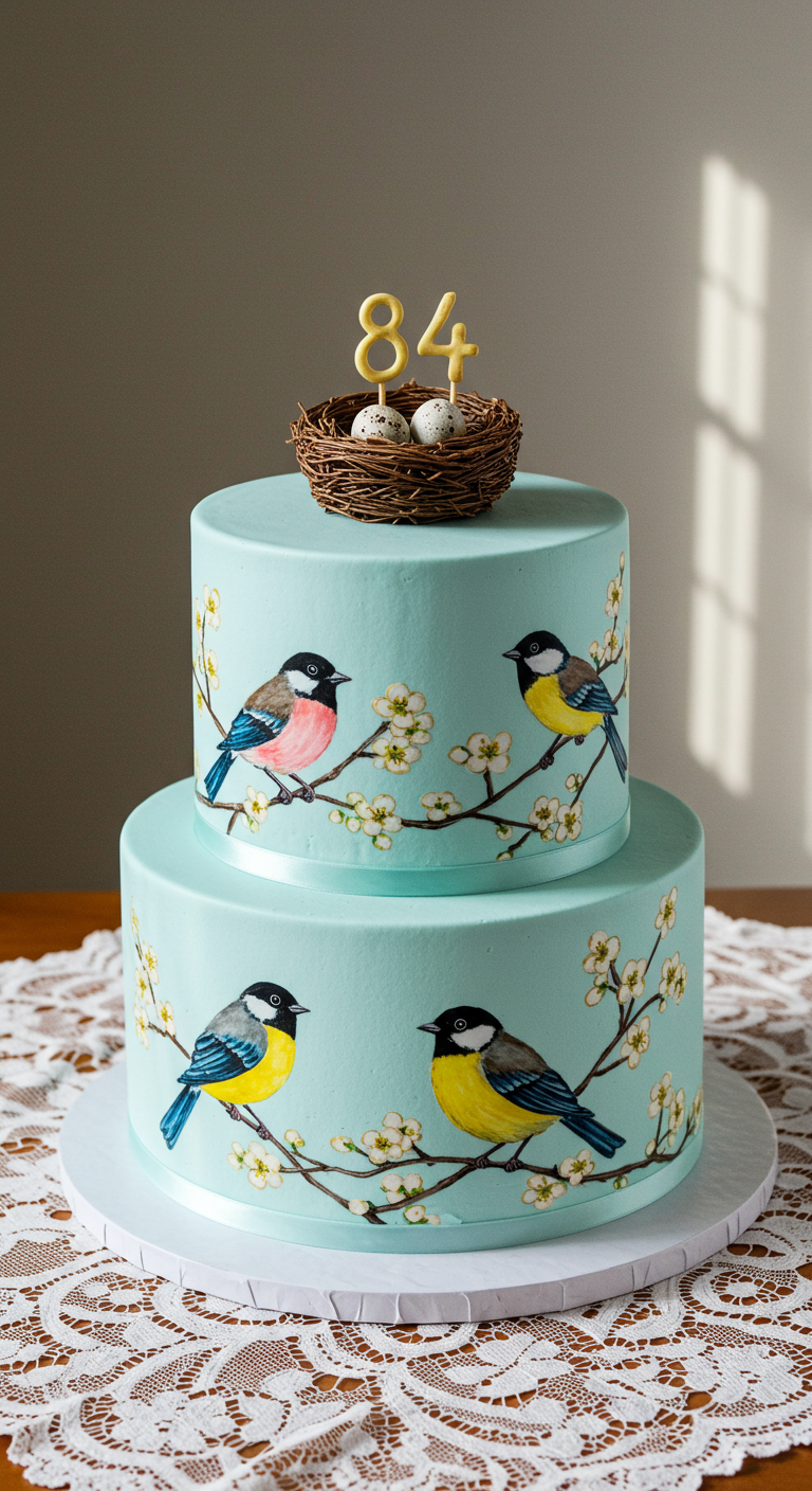 Zweistöckige hellblaue Torte mit gemalten Vögeln auf Zweigen und Vogelnest-Topper.
