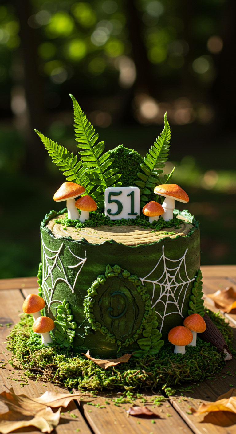 Grüne Waldtorte mit Pilzen, Farn, Spinnennetzen und Zahl 51.