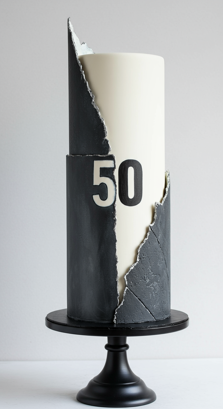 Hohe, zylindrische Torte, halb weiß, halb dunkelgrau mit 'abgebrochener' Kante und '50'.