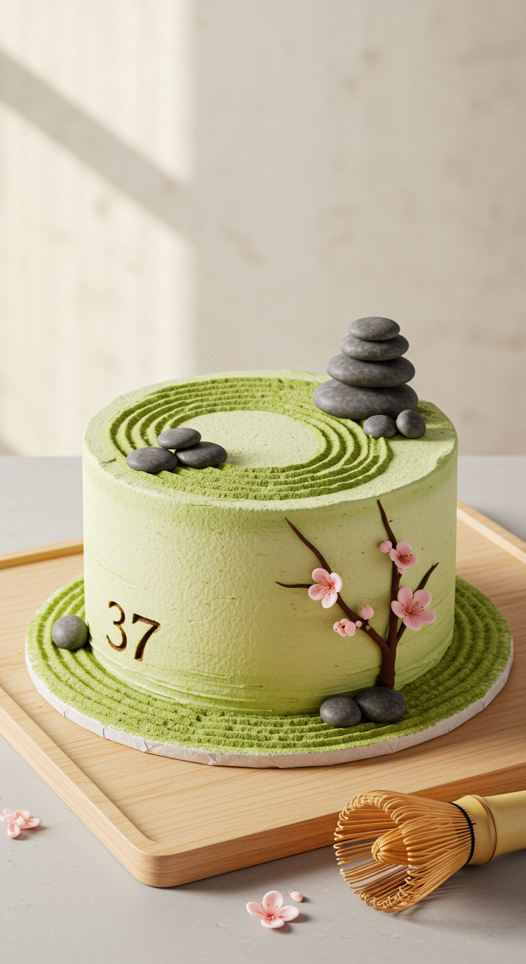 Grüne Torte im Zen-Garten-Stil mit Steinen, Kirschblüten und „37“.