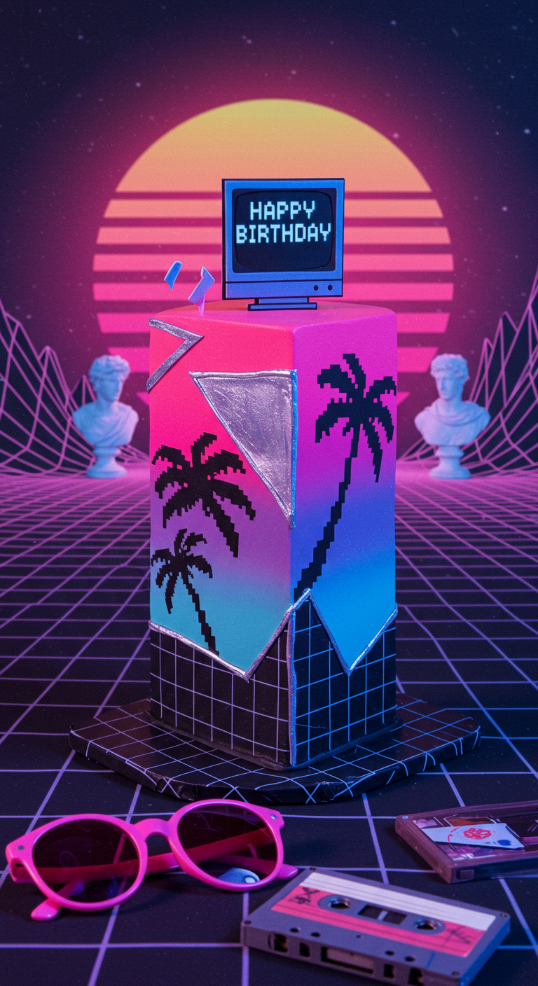 Hohe Torte im 80er Retrowave-Stil mit Neonfarben, Palmen und Pixel-Schrift.