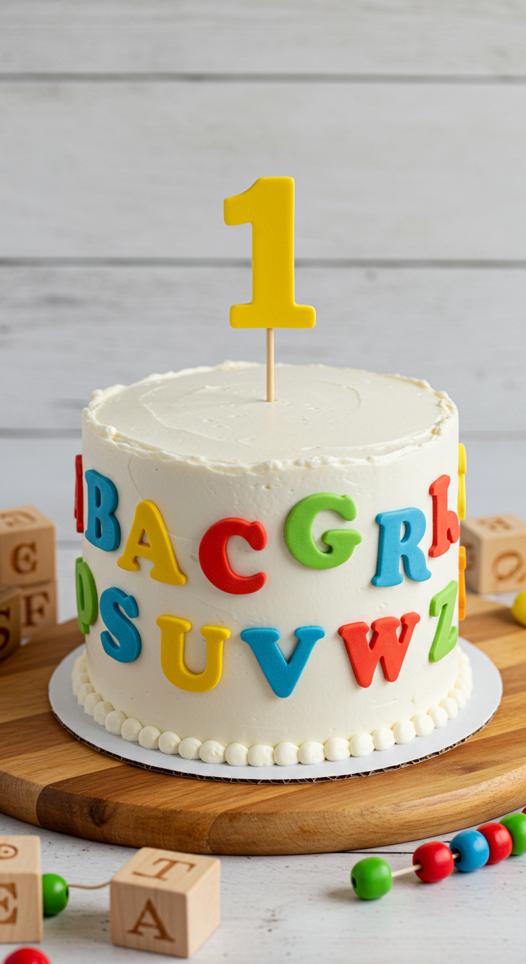 Weiße Torte mit bunten Fondant-Buchstaben und einer großen gelben
