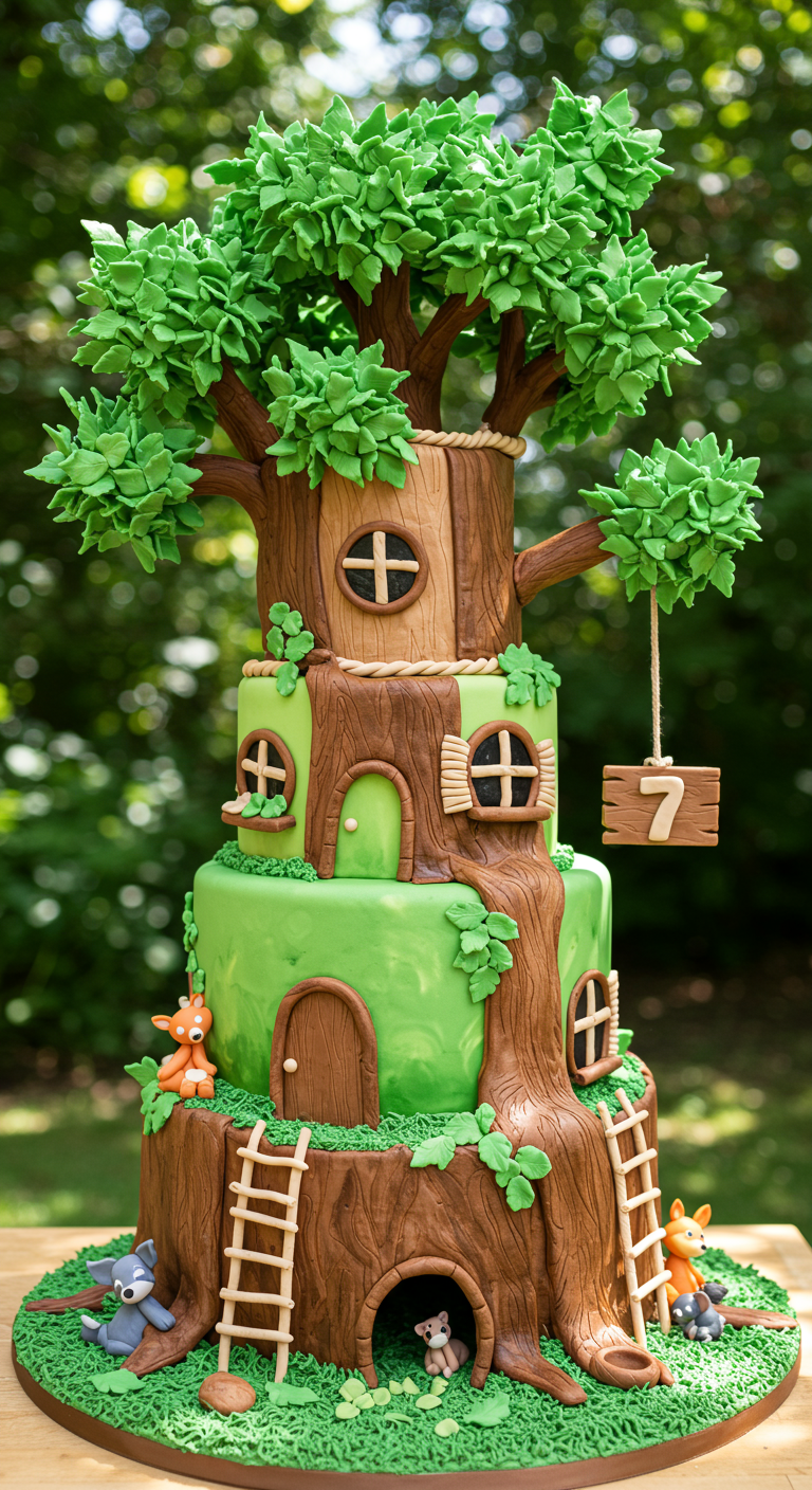 Aufwendige Baumhaus-Torte mit vielen Details und kleinen Tierfiguren.