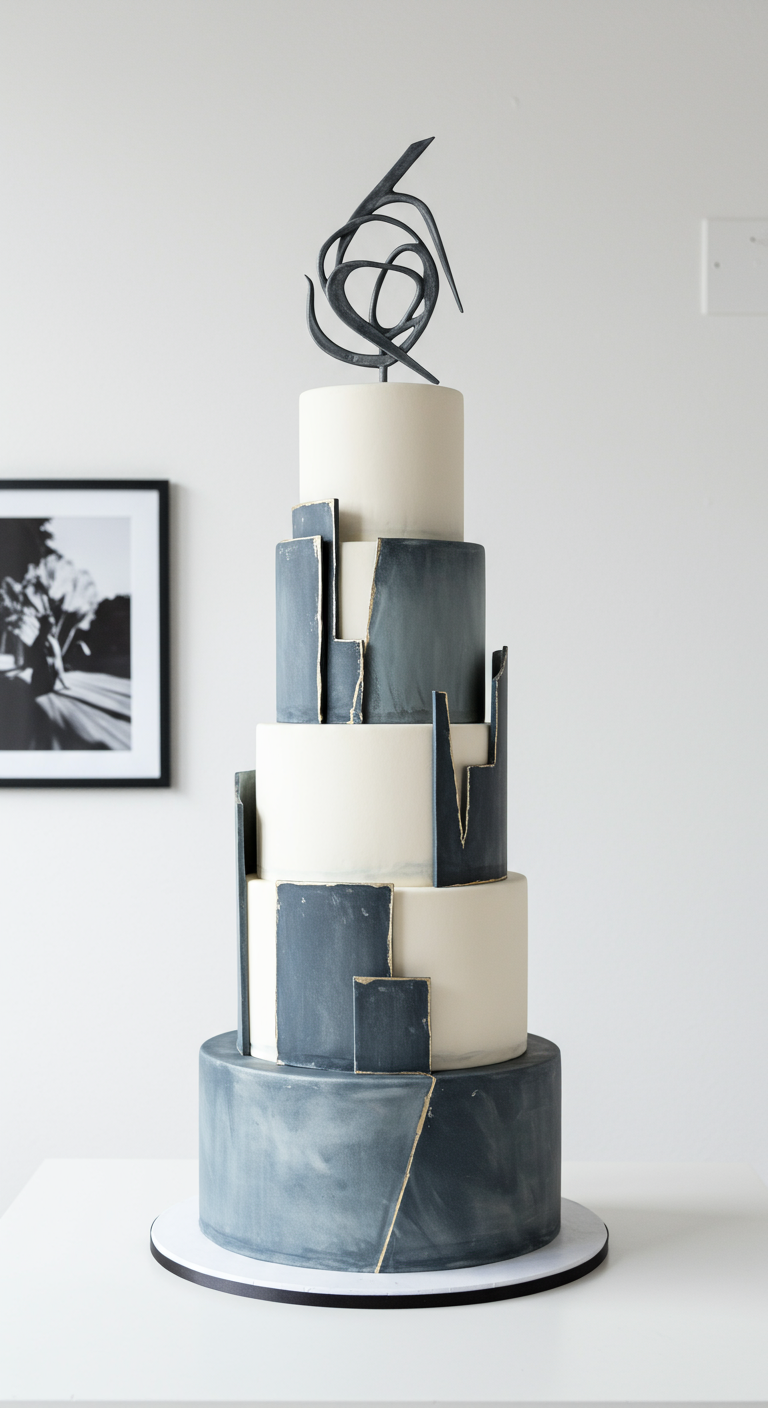 Hohe mehrstöckige Torte mit abstrakten grauen und weißen Blöcken, Goldakzenten und skulpturalem Topper.