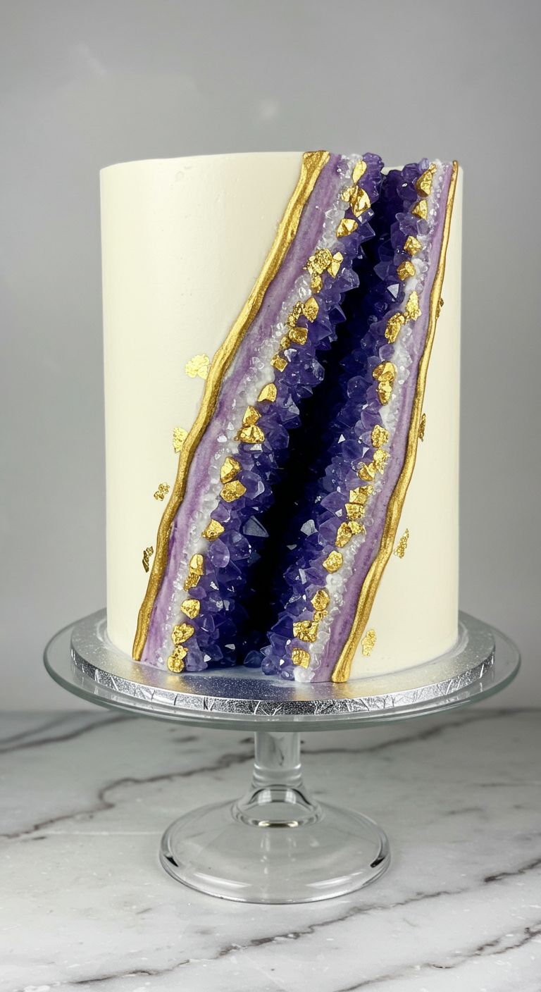 Weiße Torte mit einem aufgeschnittenen Bereich, der wie eine Amethyst-Geode mit Gold verziert ist.