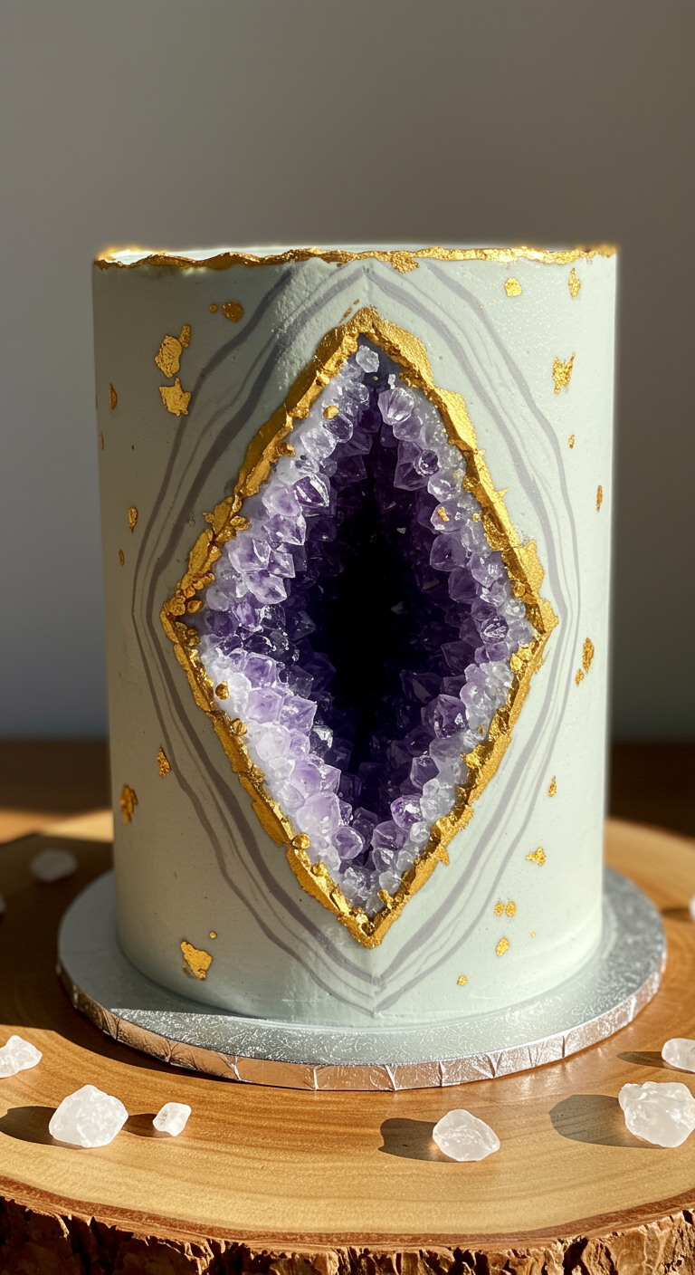 Mintgrüne Torte mit einer ausgeschnittenen Amethyst-Geode aus Zuckerkristallen und Goldrand.