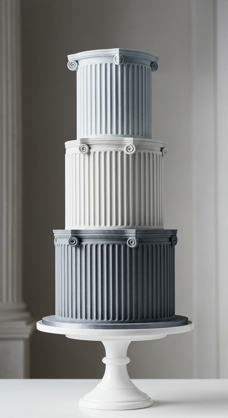 Dreistöckige Torte in Grau-Ombré, gestaltet wie antike römische oder griechische Säulen.