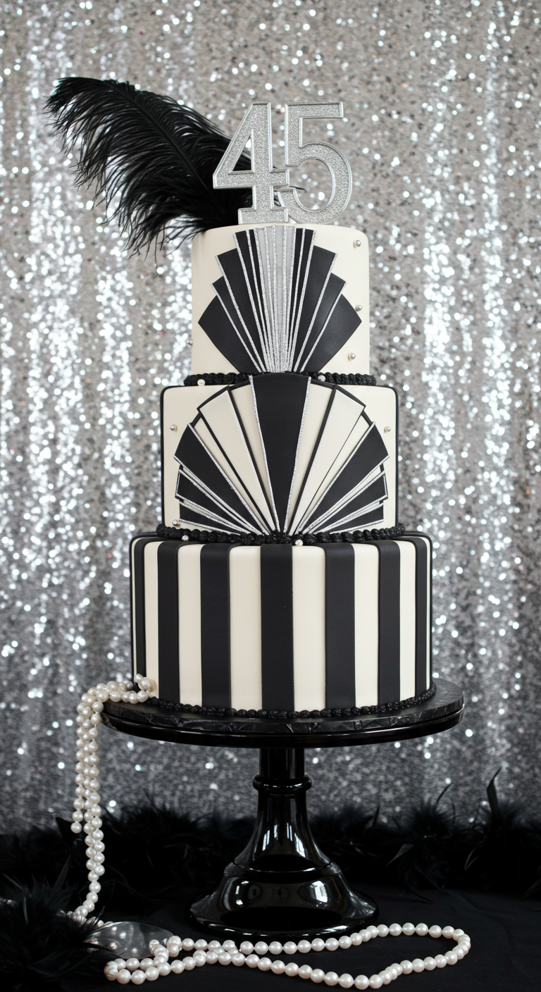 Dreistöckige Art-Déco-Torte in Schwarz, Weiß und Silber mit Feder-Topper.
