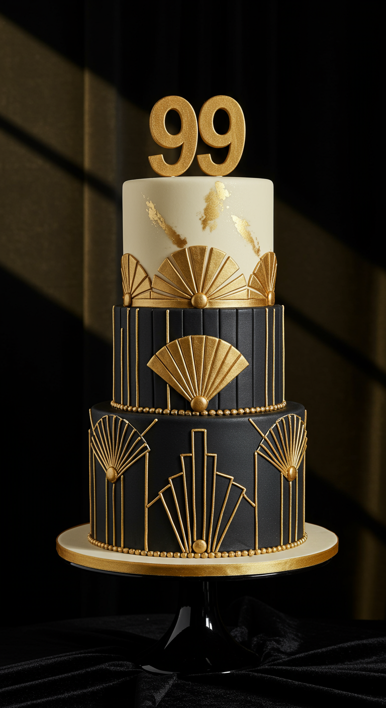 Dreistöckige Torte im Art-Déco-Stil mit schwarzen, weißen und goldenen Elementen.