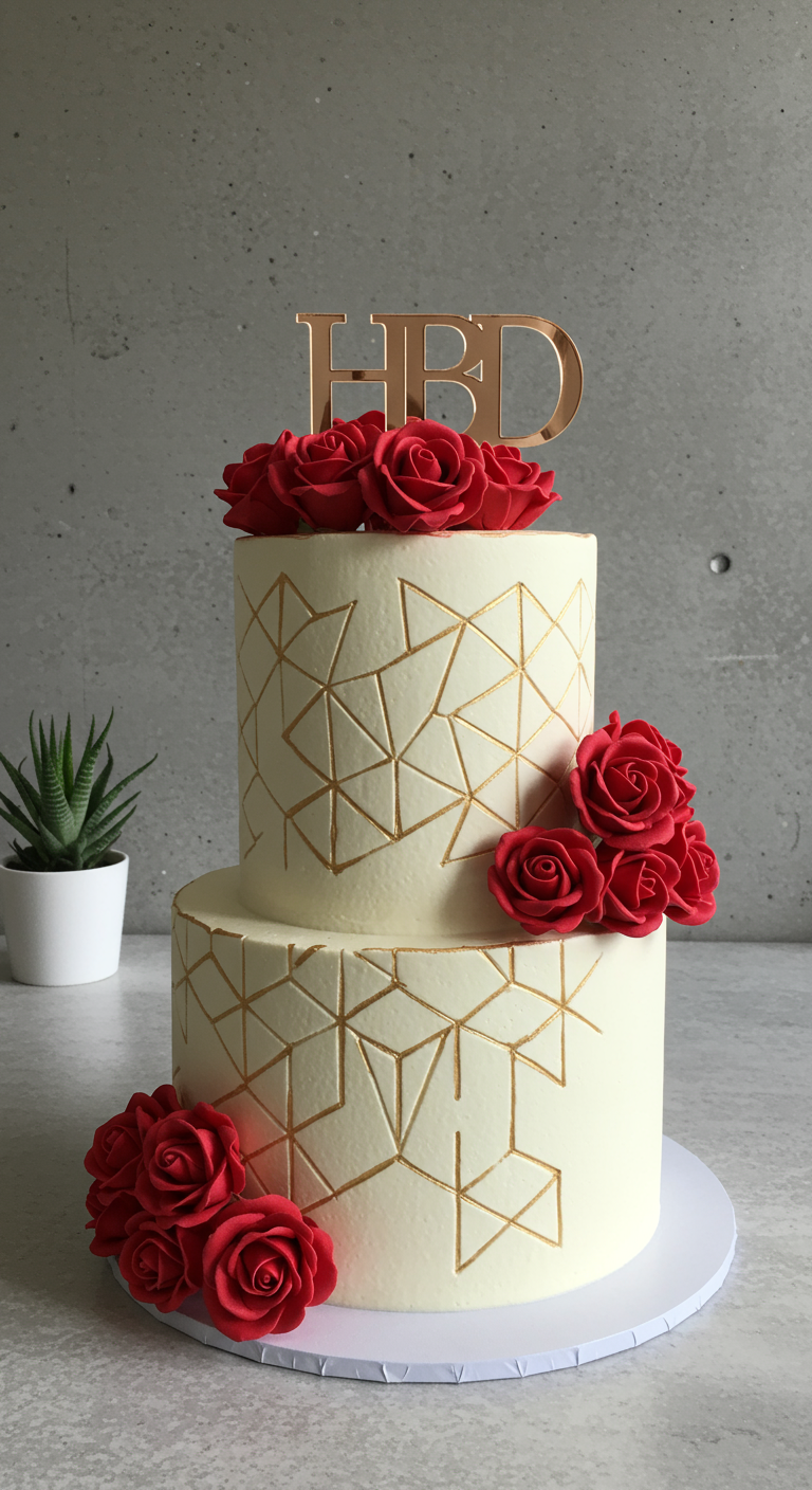 Zweistöckige weiße Torte mit goldenen geometrischen Linien und Gruppen von roten Zuckerrosen.