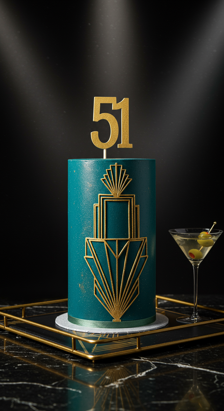 Petrolfarbene Torte mit goldenem Art-Déco-Muster und Zahl 51.