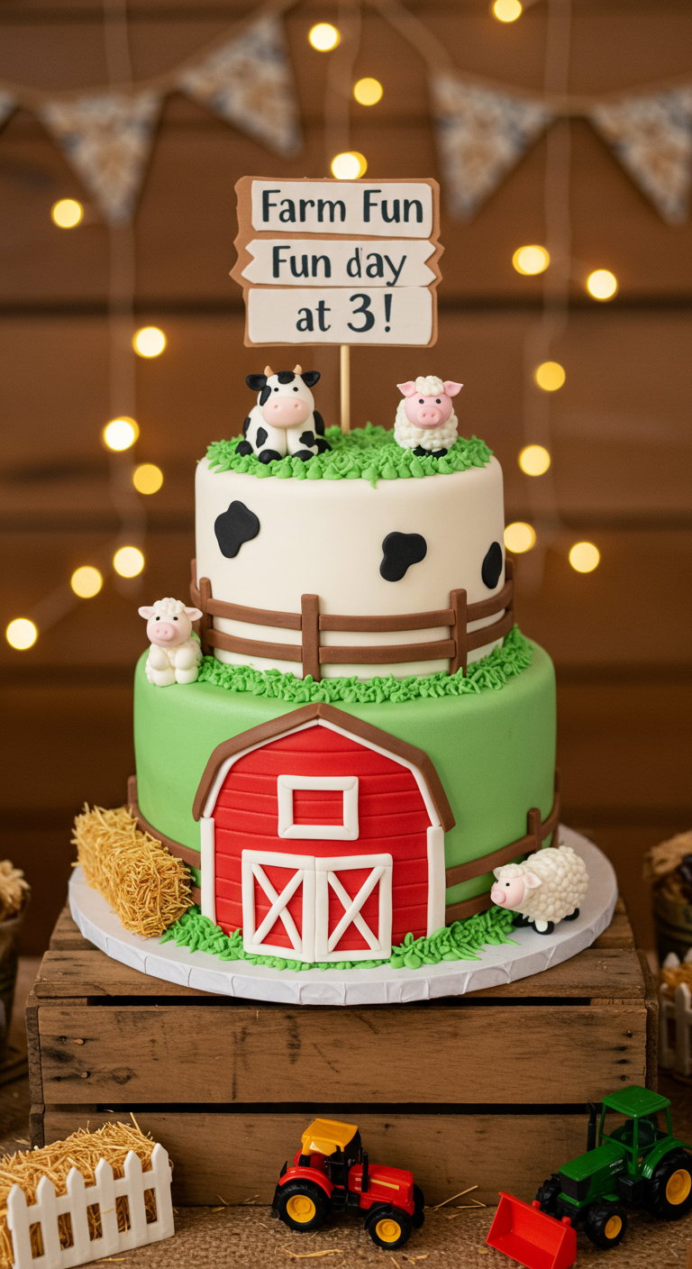 Zweistöckige Bauernhof-Torte mit Scheune, Kuh, Schafen und Traktoren.