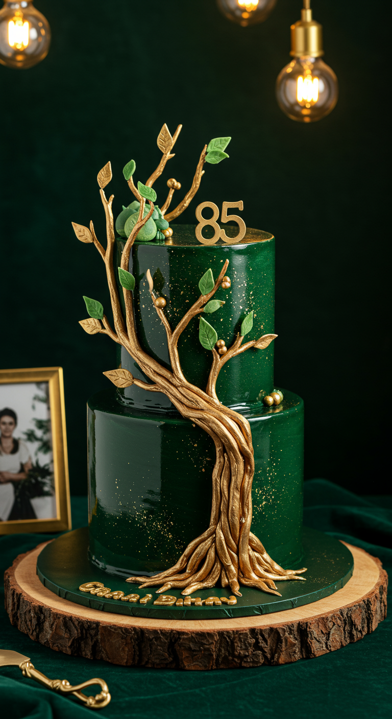 Zweistöckige smaragdgrüne Torte mit einer goldenen Baum-Silhouette und 85-Topper.