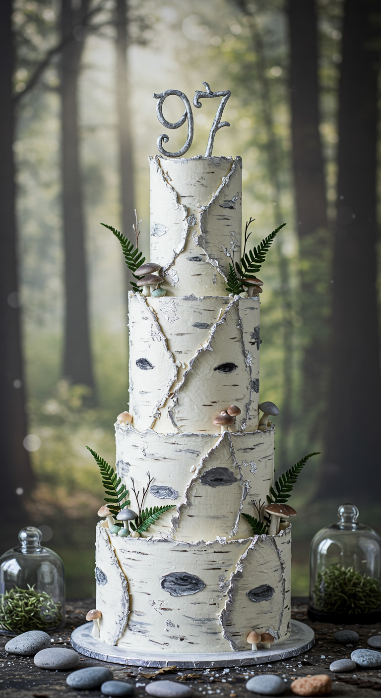 Mehrstöckige Torte in Birkenstamm-Optik mit Farn und kleinen Pilzen.