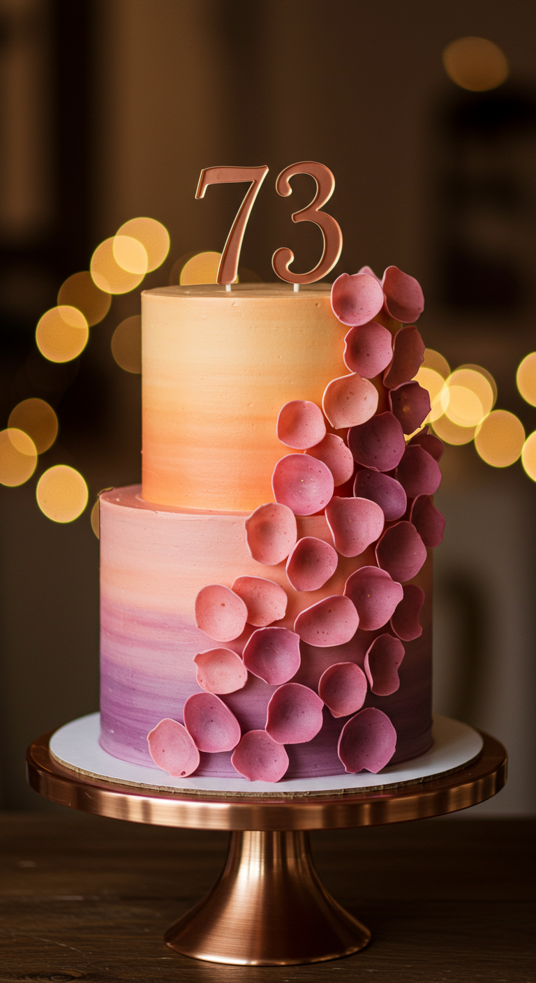 Zweistöckige Ombré-Torte (Pfirsich-Lila) mit herabfallenden Esspapier-Blütenblättern.