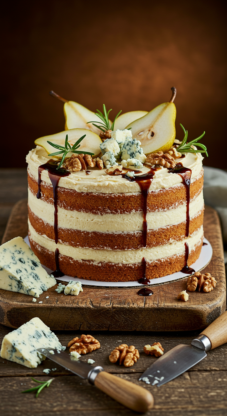 Naked Cake mit Birne, Walnuss, Blauschimmelkäse und Balsamico-Drip.