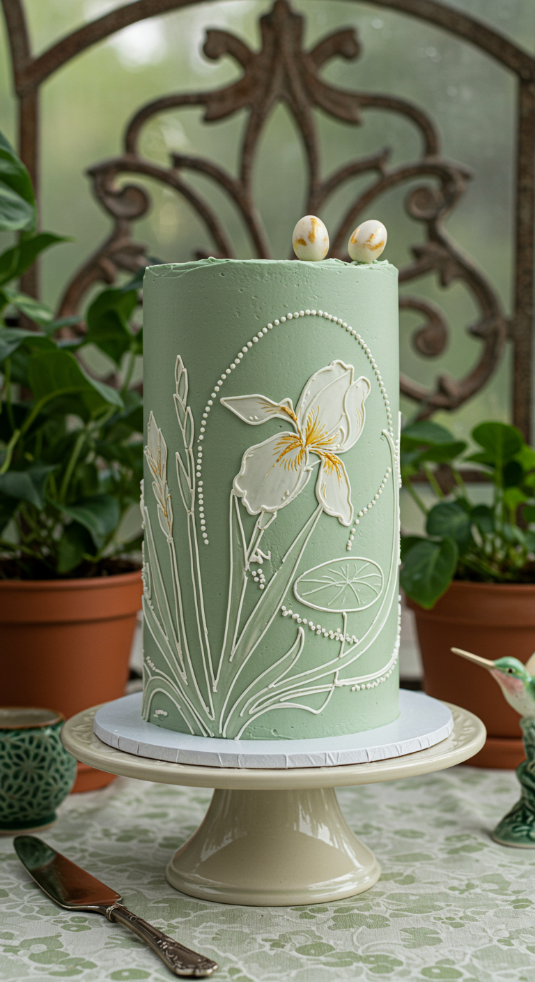 Hohe salbeigrüne Torte mit weißer, filigraner Blütenmalerei.