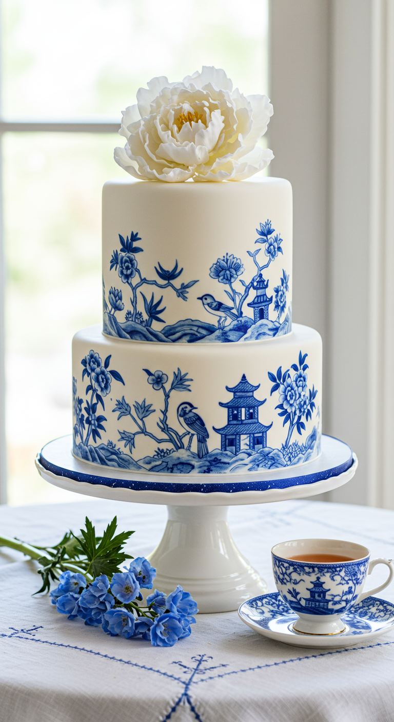 Zweistöckige weiße Torte mit blauem Chinoiserie-Muster und weißer Pfingstrose