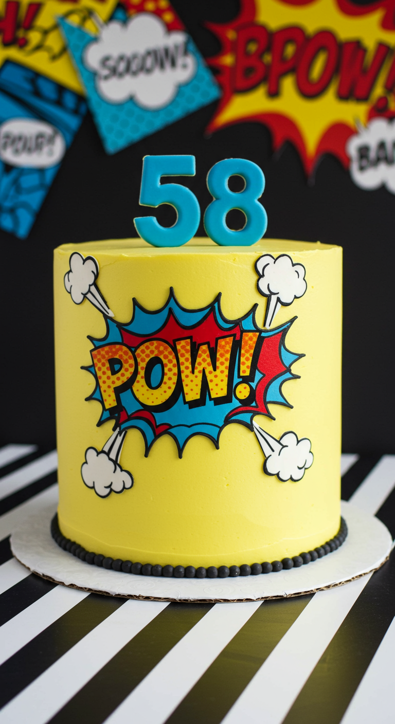 Leuchtend gelbe Torte mit „POW!“ Comic-Sprechblase und blauer Zahl 58.