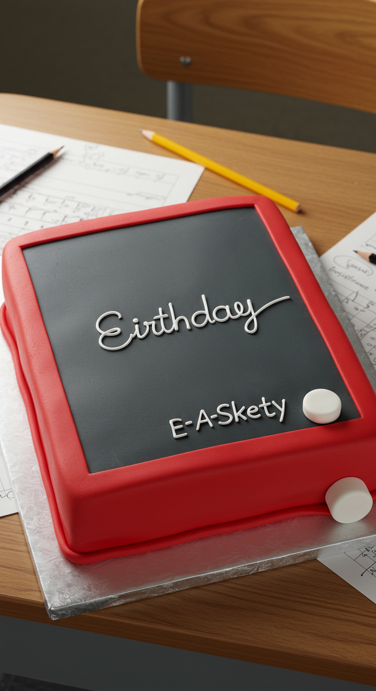 Rote Maltafel-Torte mit grauer Schreibfläche und weißer „Birthday“-Schrift.
