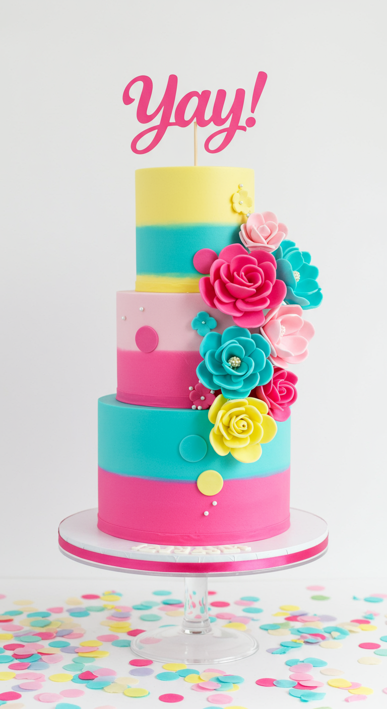 Dreistöckige Torte mit kräftigen Pastell-Farbblöcken, großen Zuckerblumen und