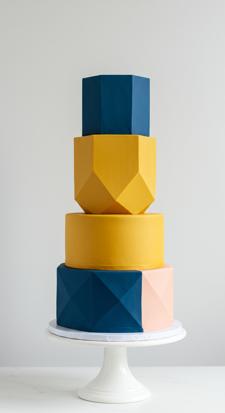 Moderne mehrstöckige Torte in geometrischen Farbblöcken.