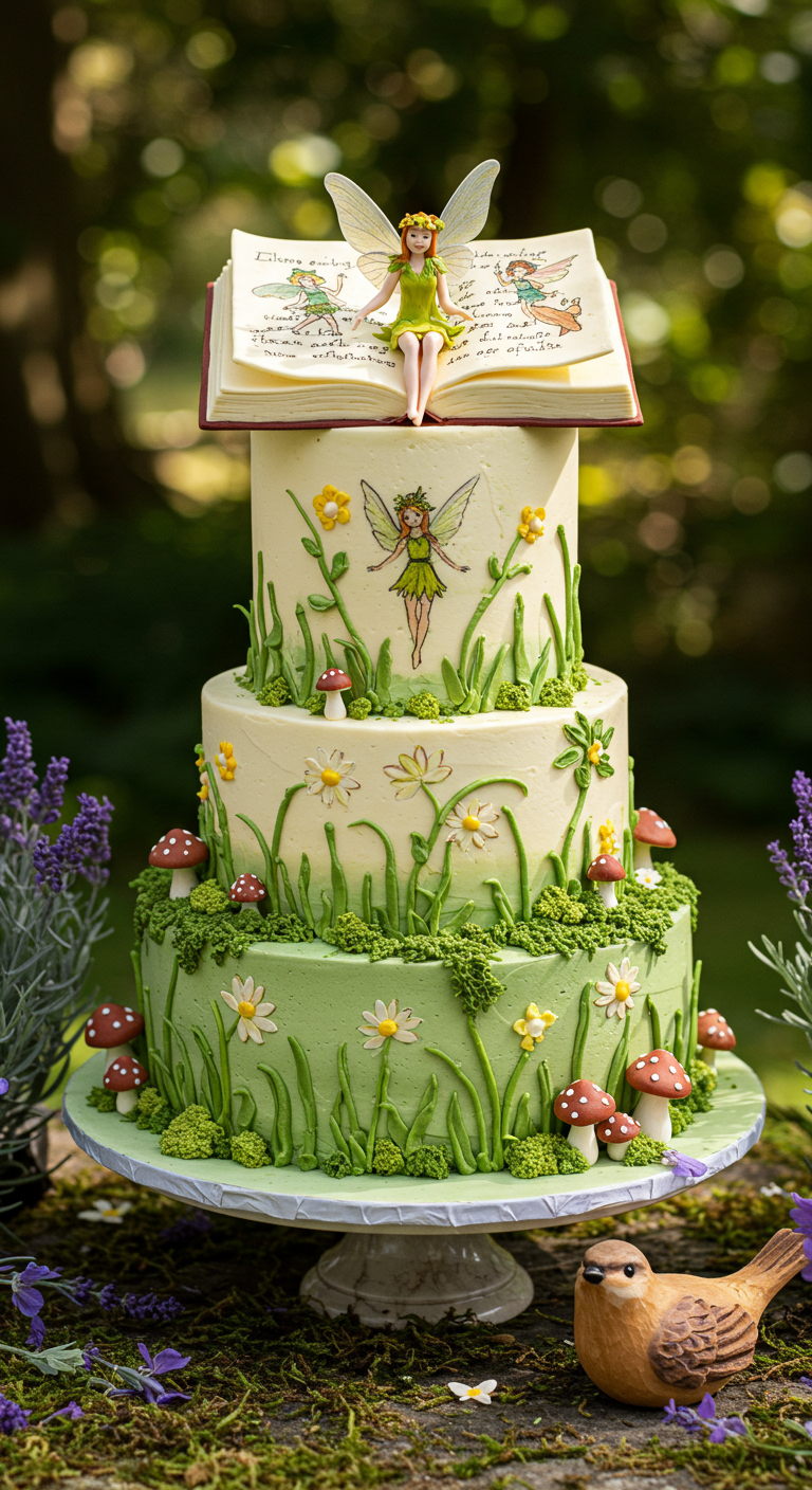 Dreistöckige Torte als Feengarten mit Gras, Blumen, Pilzen und einer Fee auf einem Buch.