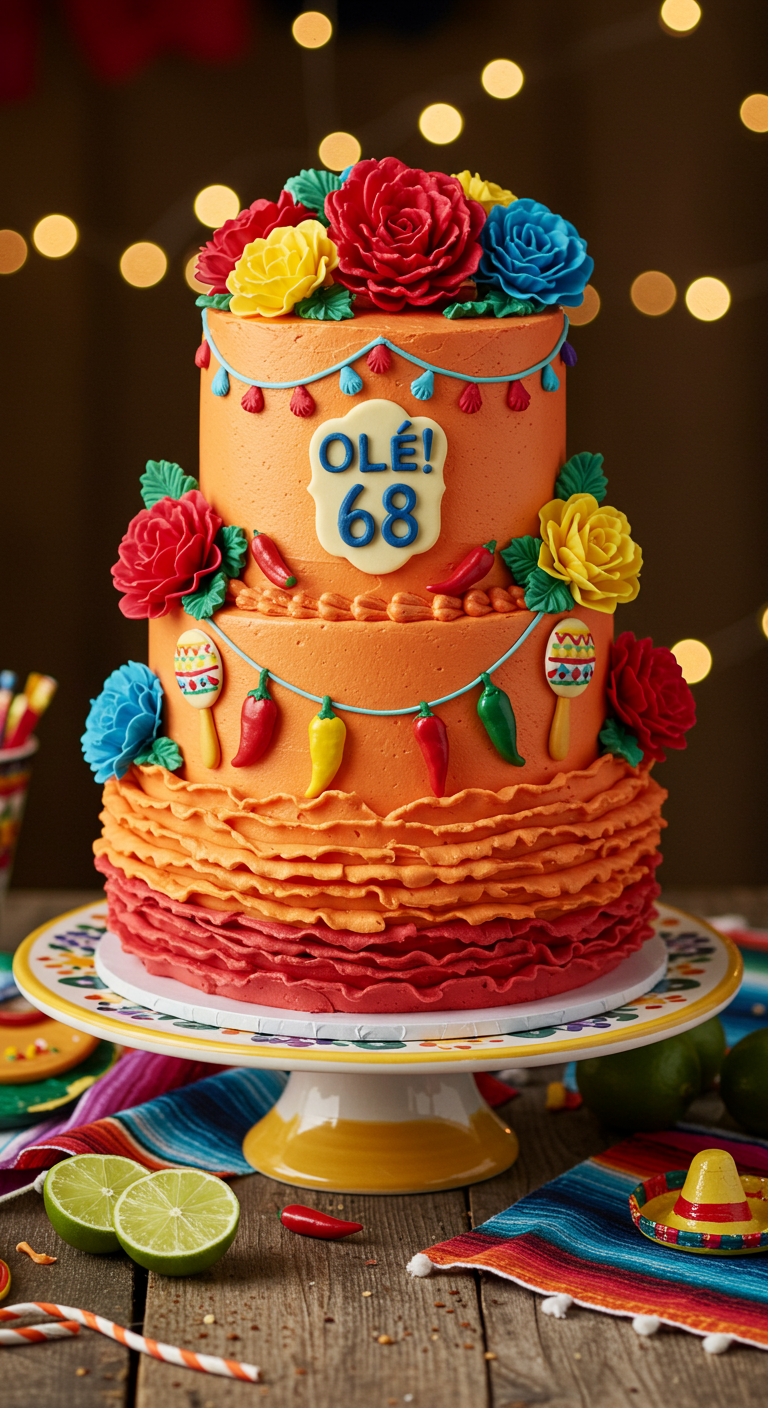 Zweistöckige orange Torte im Fiesta-Stil mit bunten Blumen und