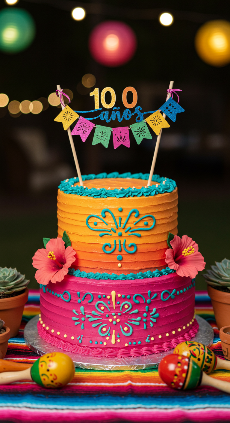 Zweistöckige orange-pinke Torte mit mexikanischen Mustern und '100 años'-Wimpel.
