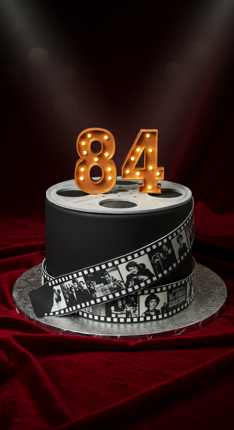Schwarze Torte in Form einer Filmrolle mit Filmstreifen und leuchtender Zahl 84.