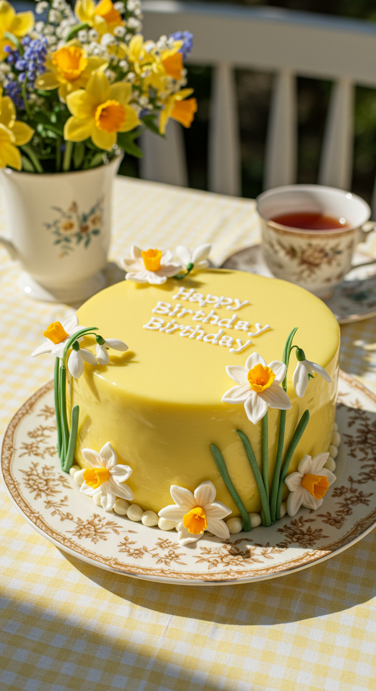 Sonnengelb glasierte Torte mit Fondant-Narzissen und