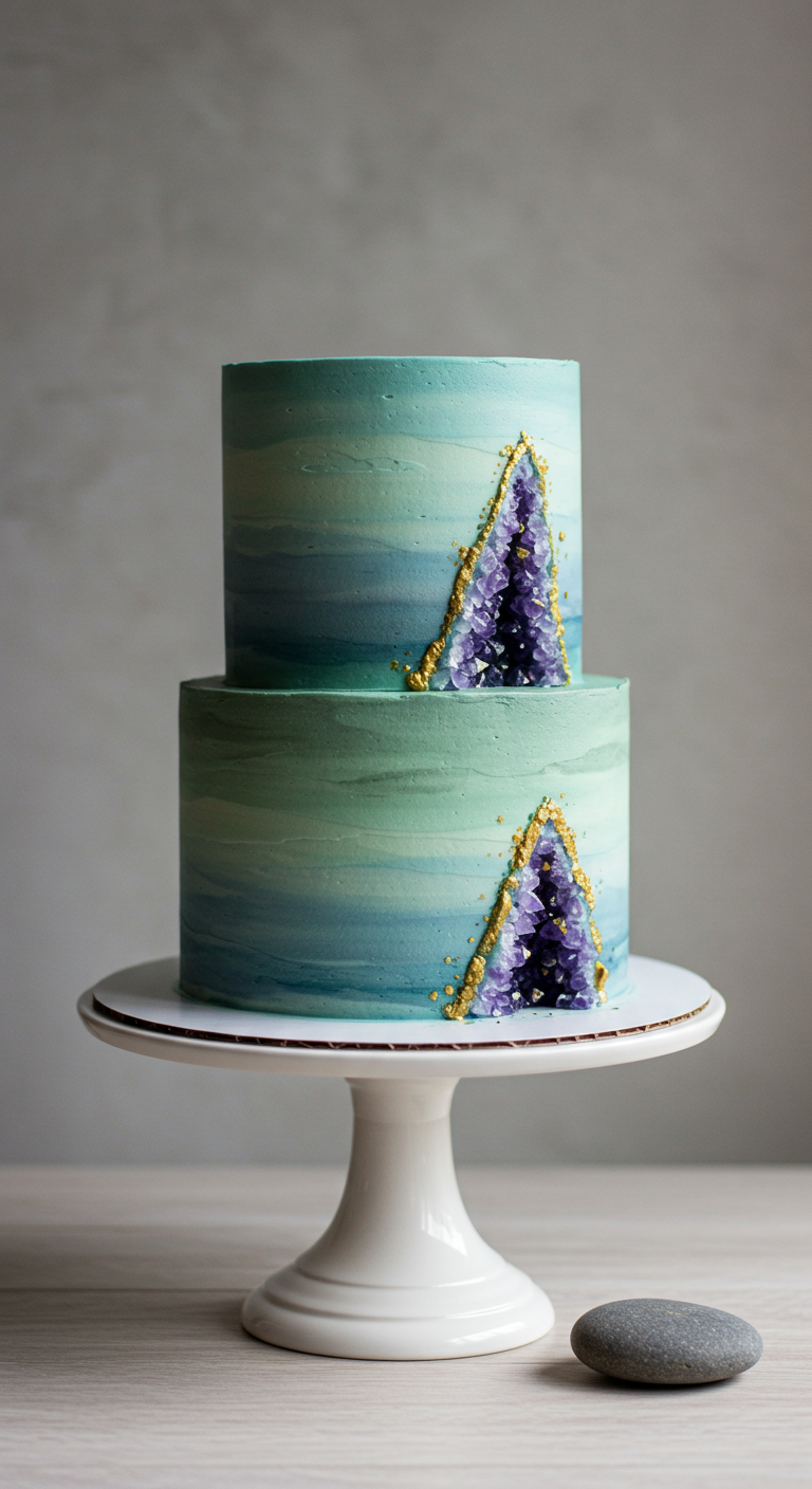 Zweistöckige blaugrüne Torte mit aufgeschnittenen Geoden aus lila Zuckerkristallen und Goldrand.