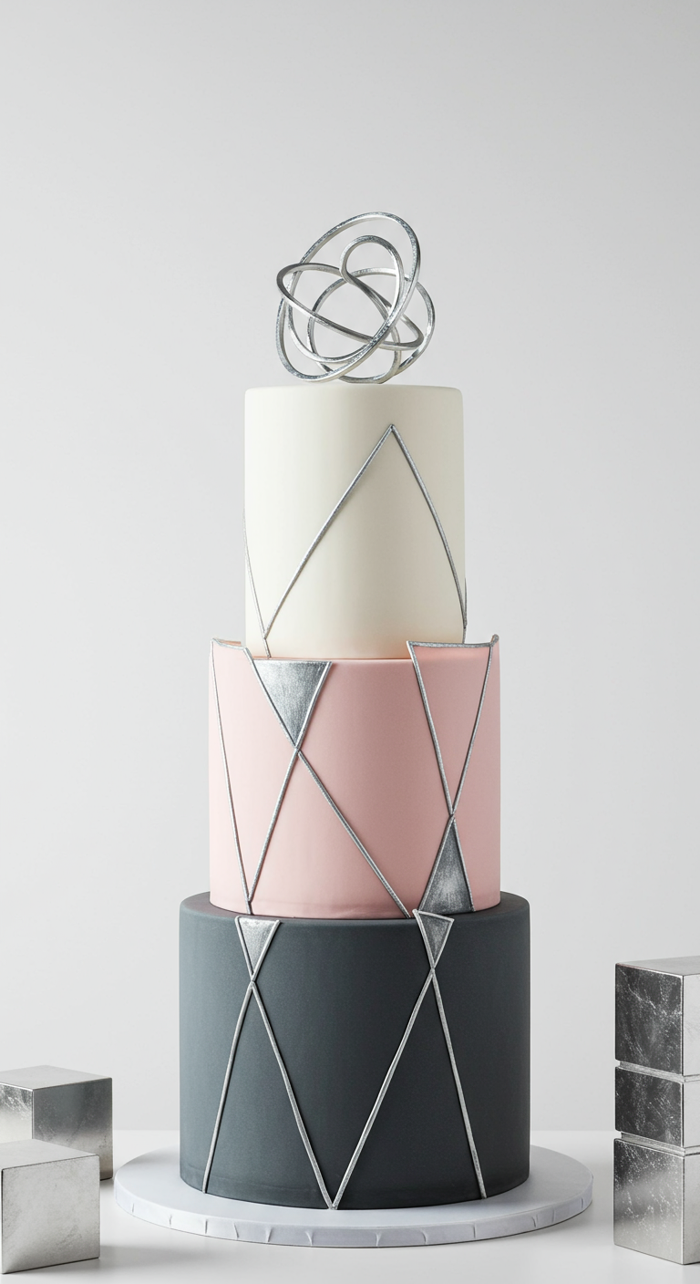 Dreistöckige Torte in Weiß, Rosa, Grau mit silbernen geometrischen Linien.