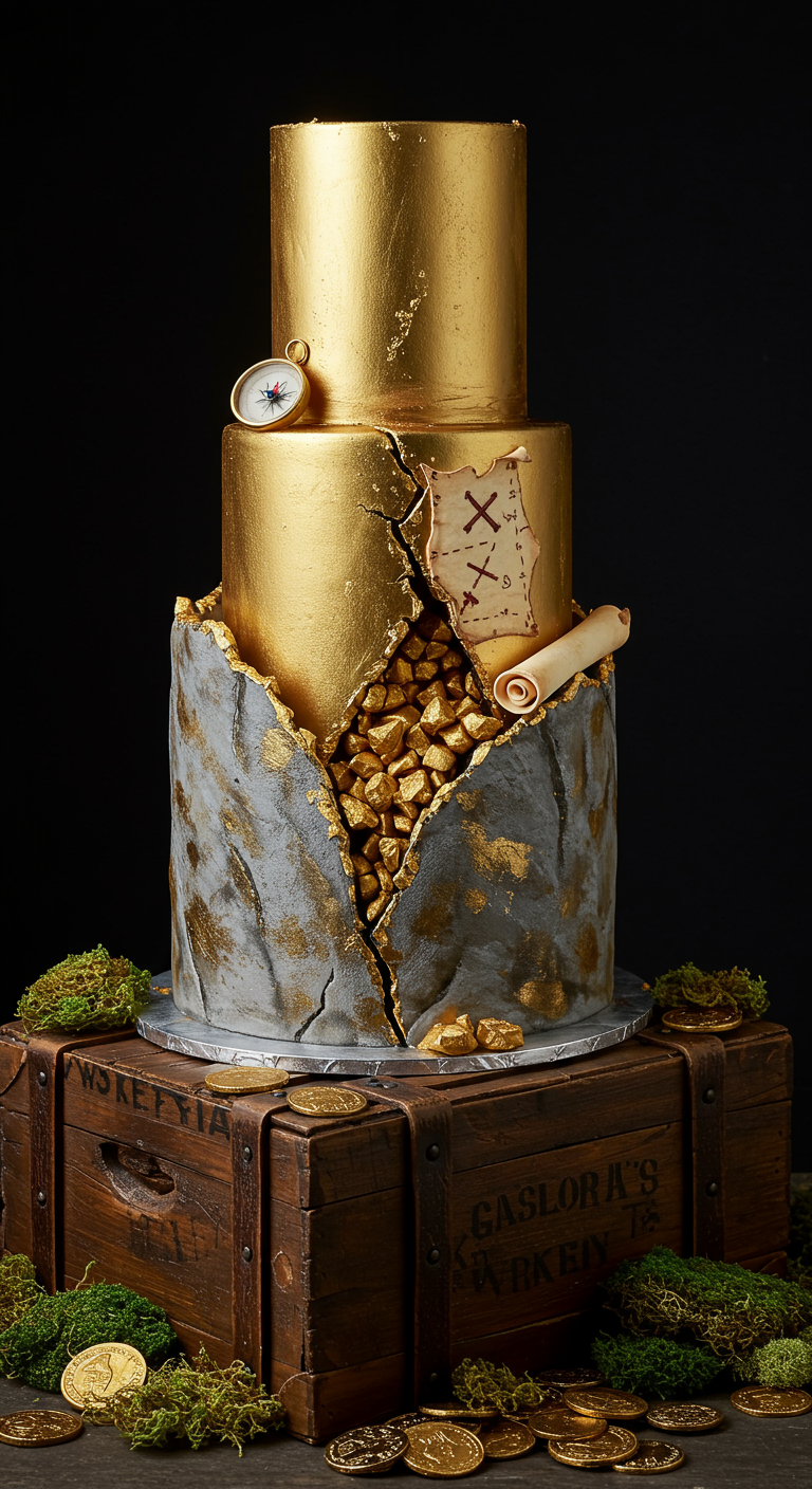 Dreistöckige Torte als aufbrechender Fels mit Goldschatz.