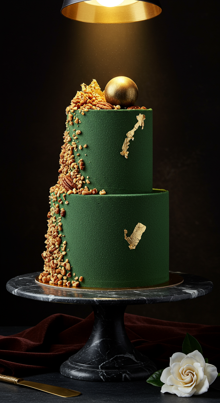Dunkelgrüne zweistöckige Samttorte mit Goldblatt-Akzenten und einer Kaskade aus Nüssen.