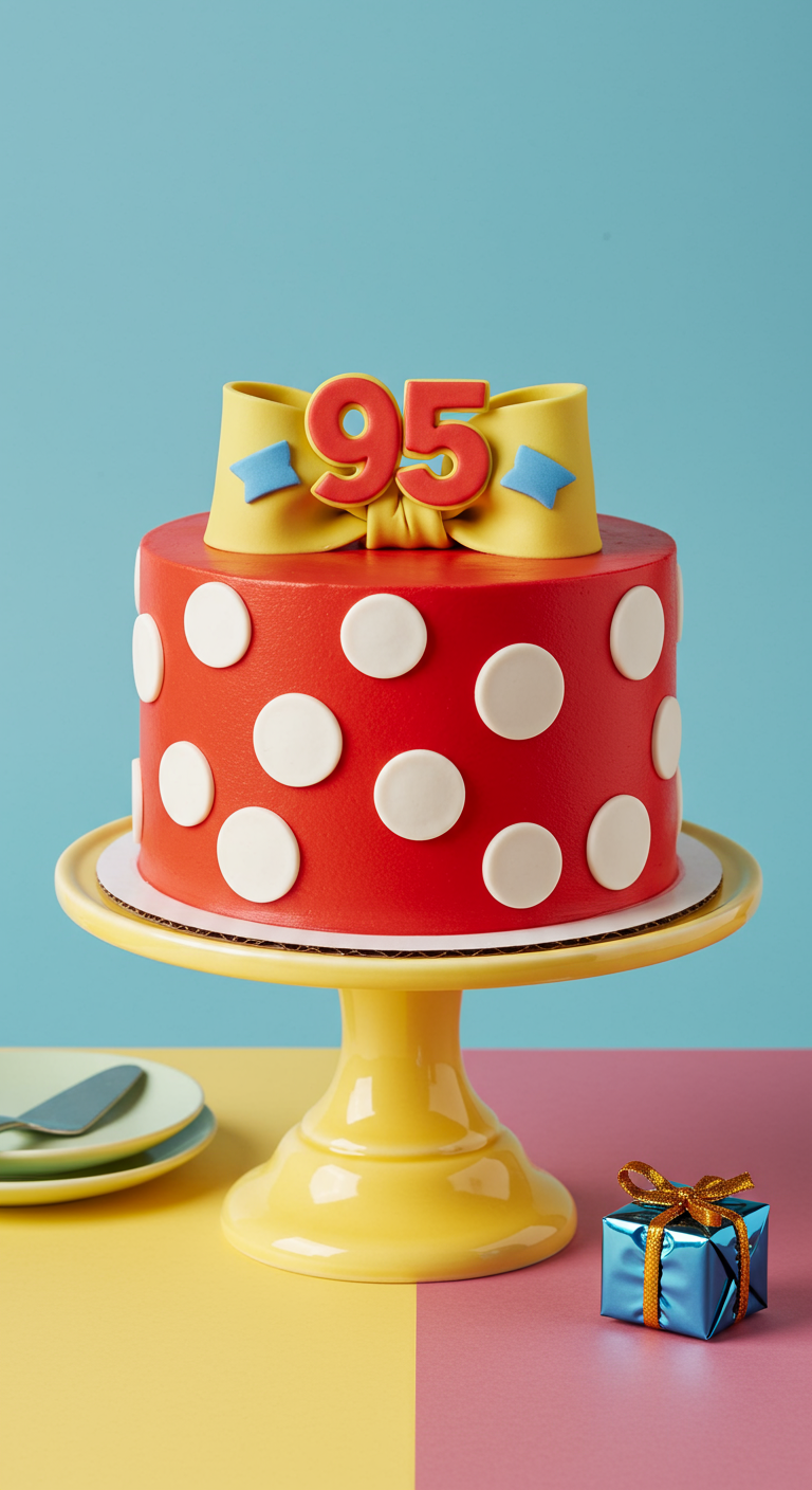Rote Torte mit weißen Punkten, großer gelber Fondant-Schleife und roter „95“.