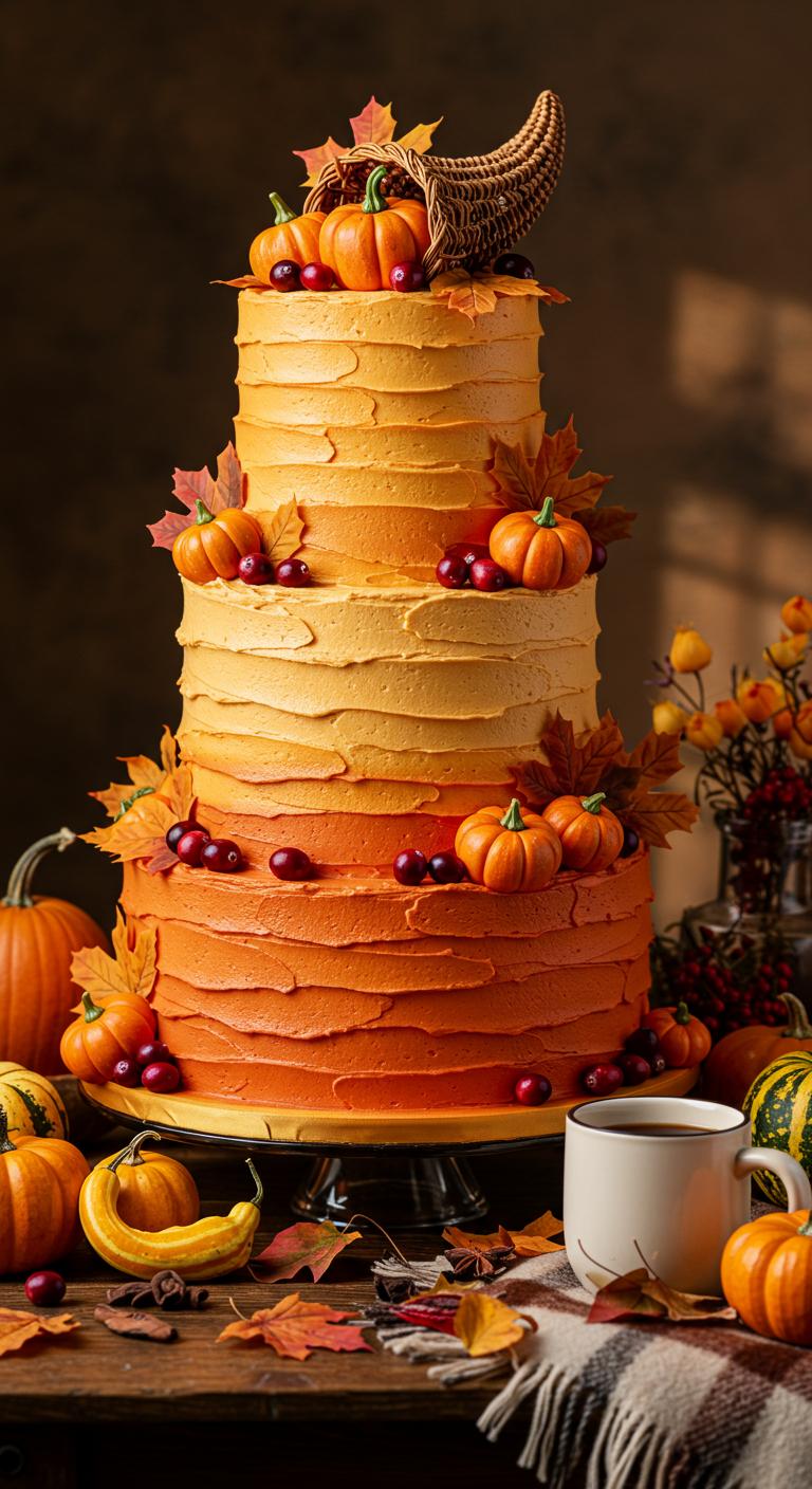 Herbstliche Ombré-Torte mit Kürbissen, Füllhorn.