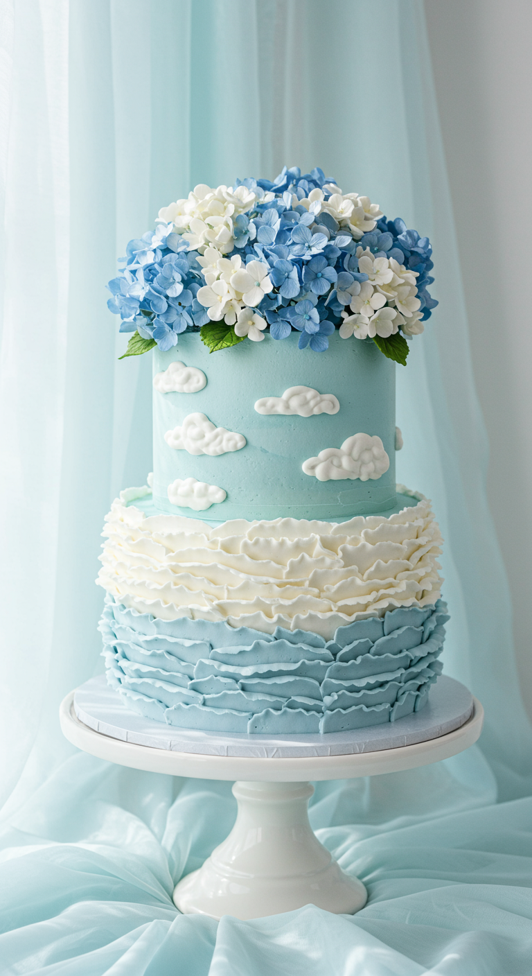 Zweistöckige Torte in Hellblau und Weiß mit Hortensien und Wolken.