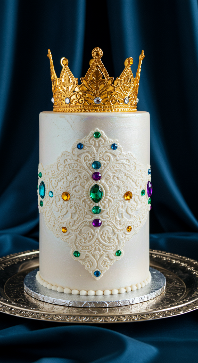 Weiße Torte mit feinem Spitzenmuster, bunten Zucker-Edelsteinen und einer goldenen Krone.
