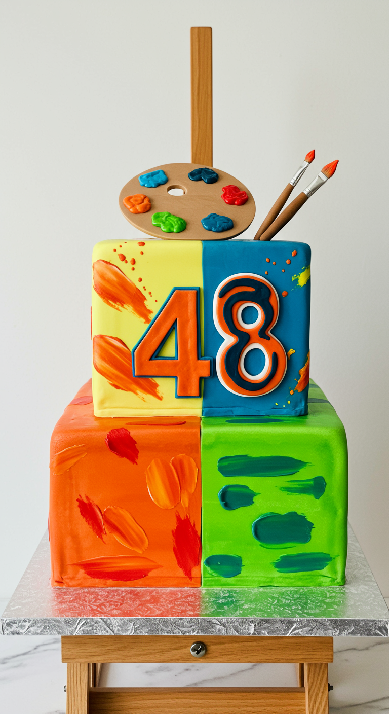 Mehrstöckige quadratische Torte, jede Seite andersfarbig mit Pinselstrichen, Künstlerpalette-Deko.