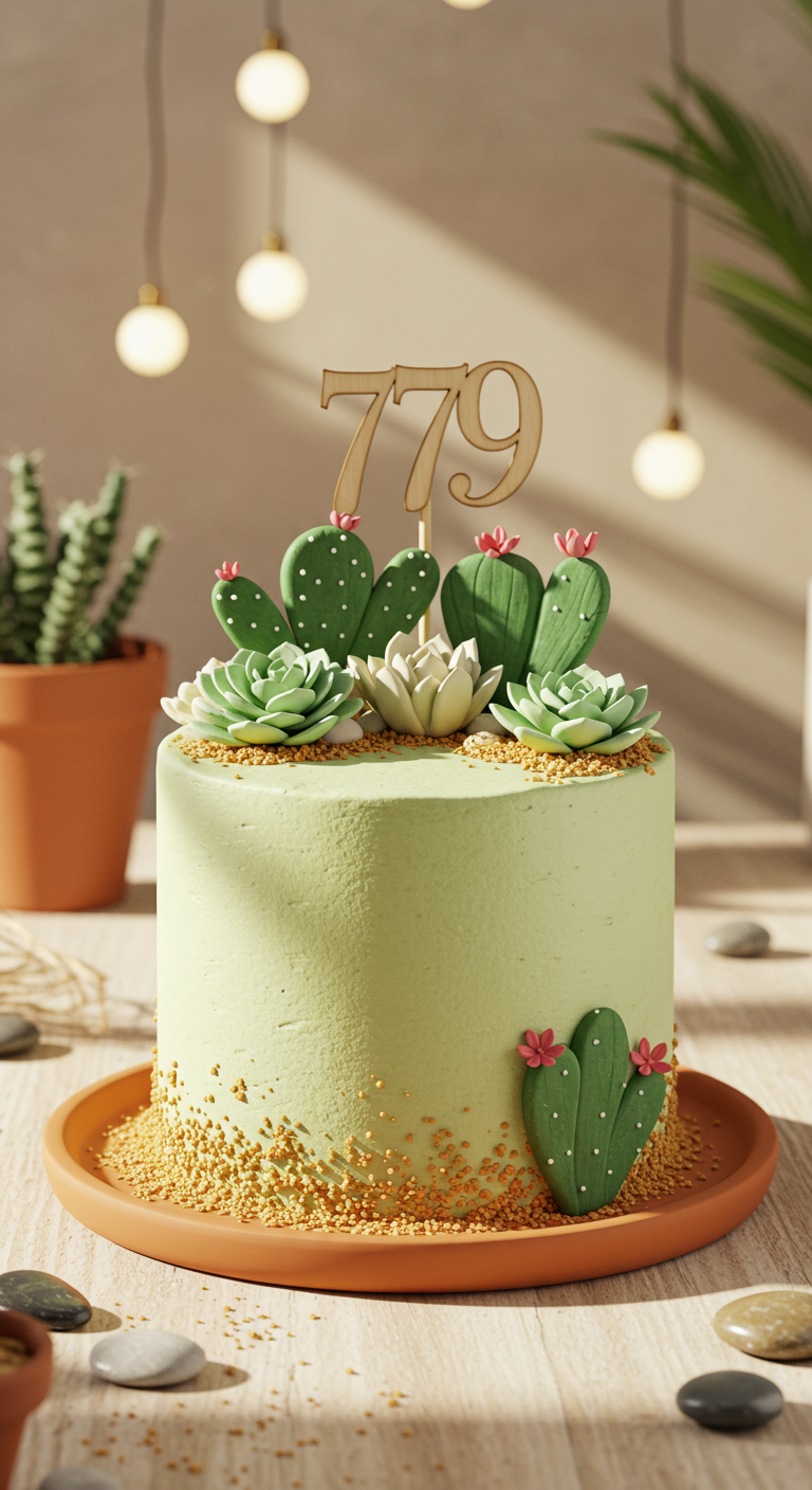 Hellgrüne Torte dekoriert mit Fondant-Kakteen und -Sukkulenten und einer hölzernen '79'.